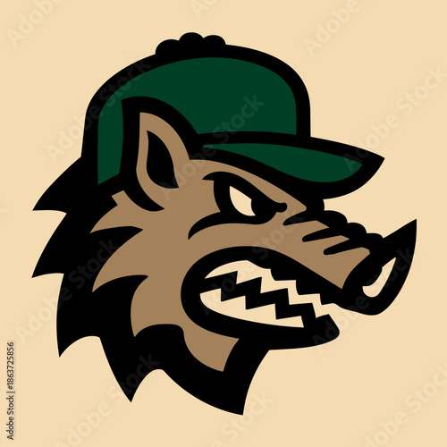Stylized boar head wearing baseball cap graphic for mascot design