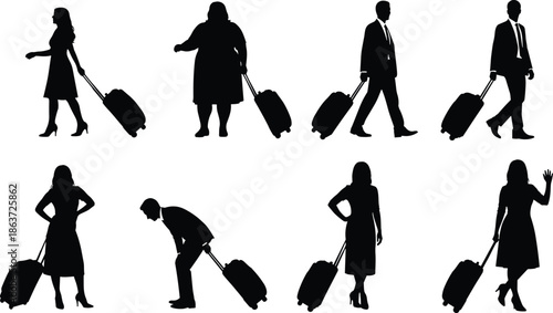 Silhouette of Diverse Business People and Travelers Carrying Suitcases, Plus Size and Slim Men and Women Commuting for Professional Trips.