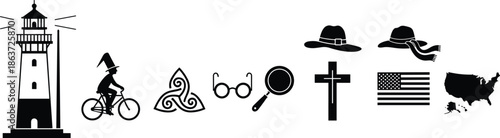 Various black vector icons featuring lighthouse bicycle rider triskelion glasses magnifying glass religious cross fedora hat and United States map