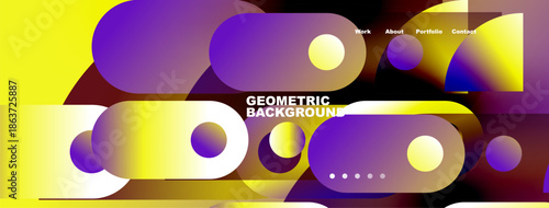 Abstract geometric background. Vibrant colors overlap, creating dynamic visual effect. Text elements present top right corner.