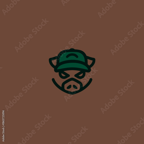 Stylized pig wearing a cap vector illustration on brown background