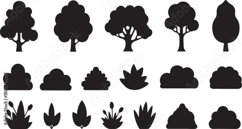 Collection of Black Silhouette Trees and Plants Icons bush