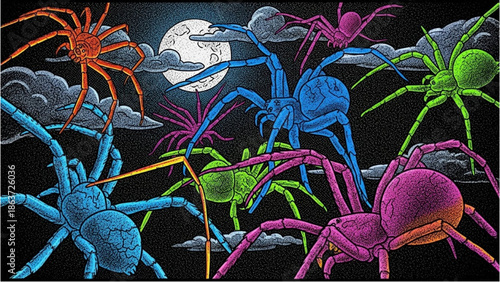 Colorful spiders illuminated under a full moon in a dark night sky