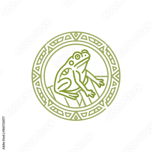 Frog illustration in a decorative circular frame on a white background