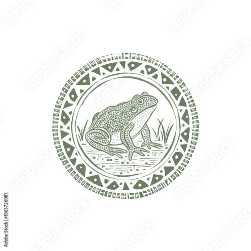 Stylized frog illustration inside a decorative circular frame on white background