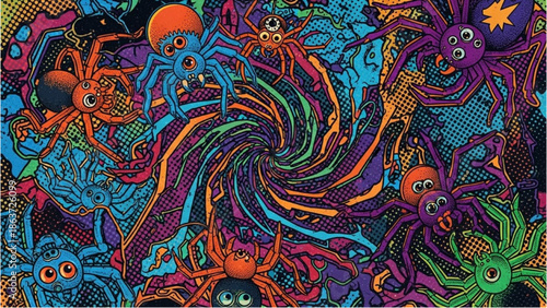 Vibrant illustration of multiple spiders in a swirling pattern