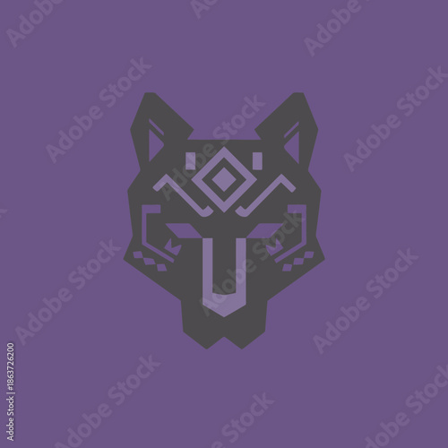 Geometric wolf head design against purple background modern digital art