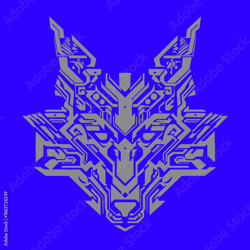 Geometric wolf head illustration digital art on vibrant blue background
