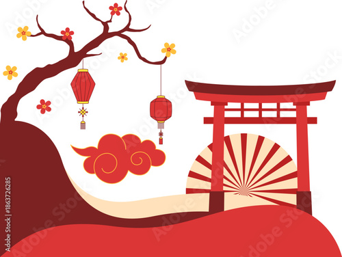 Traditional Asian Landscape Vector Illustration