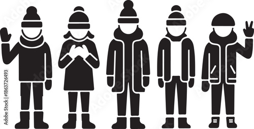 group of people wearing winter clothing standing in different poses