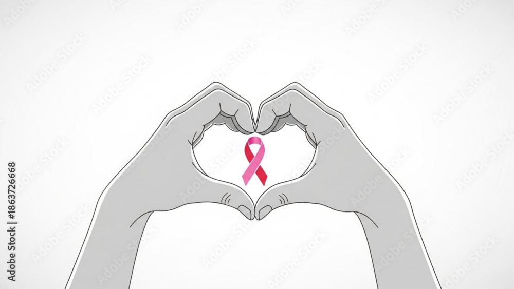 Obraz premium Hands forming heart shape with pink breast cancer awareness ribbon on white background, symbolizing love and support for cancer patients and survivors