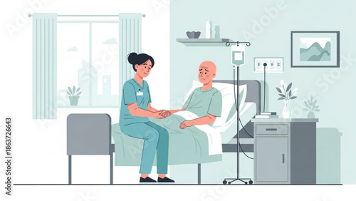 Nurse comforting elderly patient in hospital bed with iv drip, sitting by window with city view, smiling, calm and reassuring atmosphere, healthcare and medicine concept