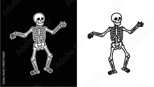 Skeleton figures dancing against contrasting black and white backgrounds in illustrations