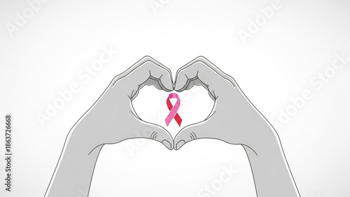 Hands forming heart shape with pink breast cancer awareness ribbon on white background, symbolizing love and support for cancer patients and survivors