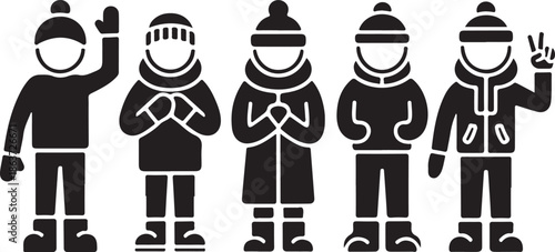 black and white silhouettes of people wearing winter clothing standing in a row