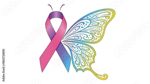 Colorful butterfly with awareness ribbon, symbolizing hope and resilience, delicate wings with intricate patterns on white background with inspiration