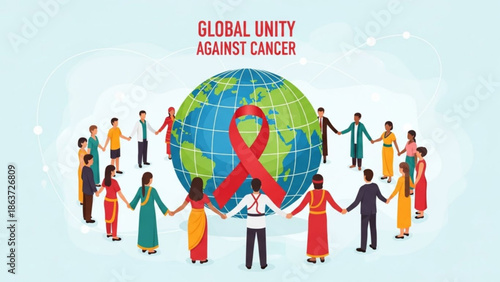 Global unity against cancer, people from diverse cultures holding hands around the earth with a red awareness ribbon, symbolizing support and solidarity in the fight