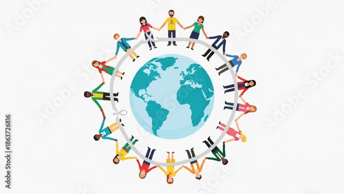 Diverse group of people holding hands around the globe, symbolizing unity and global connection with diversity and community and togetherness