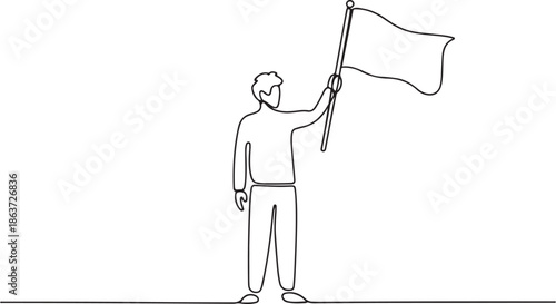 One line drawing of a person standing and holding a flag. Concept of leadership and national pride.one line vector illustration with out background