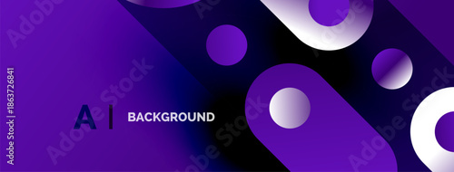 Abstract purple background features overlapping circles, gradients, text AI BACKGROUND. Modern design, vibrant colors, dynamic composition.