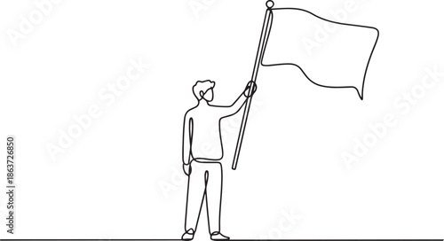 One line drawing of a person standing and holding a flag. Concept of leadership and national pride.one line vector illustration with out background