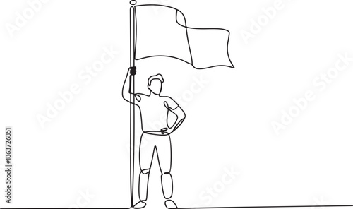 One line drawing of a person standing and holding a flag. Concept of leadership and national pride.one line vector illustration with out background