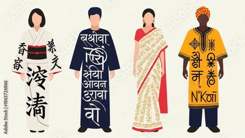 Diverse people wearing traditional clothing with foreign text on fabric, cultural dress from around the world, international fashion styles, global cultural exchange