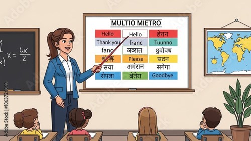 A smiling female teacher in a blue suit standing in front of a classroom with students and pointing to a multilingual greetings poster on the screen