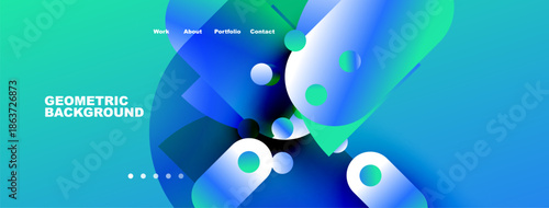 Abstract fluid shapes, vibrant colors, website header. Geometric background with navigation menu visible. Modern design elements present.