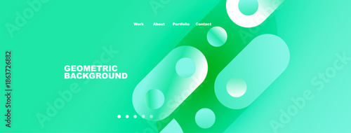 Abstract geometric background features vibrant turquoise, green hues. Navigation links present work, about, portfolio, contact. Modern design.