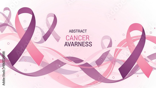 Abstract cancer awareness concept with pink and purple ribbons on white background for health and medical campaigns with pink ribbon and support