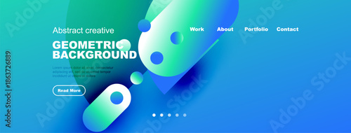 Abstract geometric background design. Vibrant blue hues dominate, featuring circular shapes, text elements, navigation menu. Modern aesthetic.