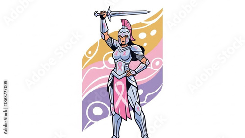 A cartoon female warrior in silver armor and pink skirt holding a sword up, standing confidently in front of a colorful abstract background with swirling patterns