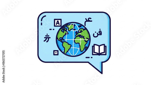 Global communication symbol with earth globe and multilingual text in speech bubble for international language learning and cultural exchange concepts