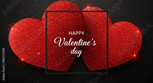 Happy Valentine's Day Lettering Greeting Card and banner on Red Bright Heart Background. Lovely Red Valentine's Day Greeting Design with Glitter. Festive Banner and Poster.