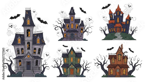 Collection of haunted houses with bats flying around them in a spooky atmosphere
