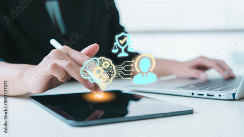 Foto Business person using tablet for AI governance and human-in-the-loop oversight t