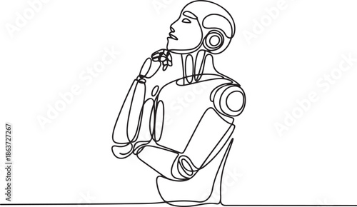 Single one line drawing robot standing with pointing his head, thinking something. Feeling optimistic, visionary. Future technology development.one line vector illustration with out background