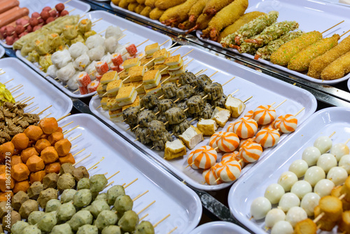 Εκτύπωση καμβά A colorful variety of skewered street food, including fish balls, tofu cubes, an