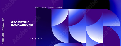 Abstract website header design. Geometric shapes, blue hues, purple accents create modern visual appeal. Navigation menu present.