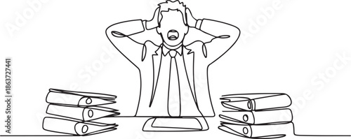 Single one line drawing stressed businessman throwing tantrum in office holding his hands to his head shouting while seated at desk surrounded by files.one line vector illustration with out background