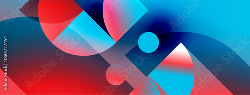 Abstract composition. Fluid shapes blend, vibrant reds, blues dominate. Dynamic curves suggest movement, energy. Modern design.