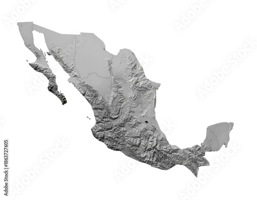 Coastal mexico relief map featuring detailed terrain texture and topographic shading