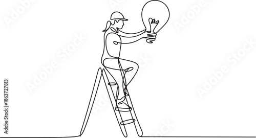 continuous line drawing worker electrician on ladder change light bulb. Professional repairwoman in uniform and helmet working. Idea of electricity.one line vector illustration with out background