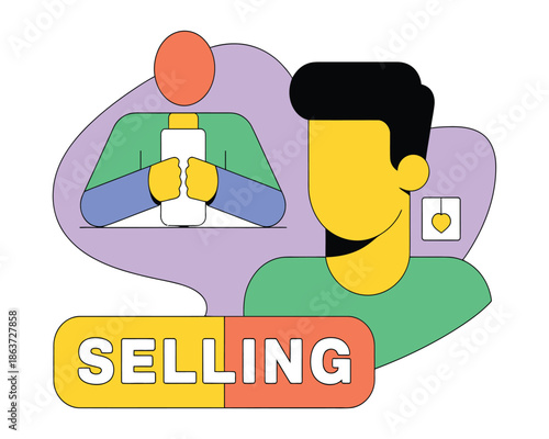 Faceless figures engaged in a transaction, conveying the concept of selling and connection.