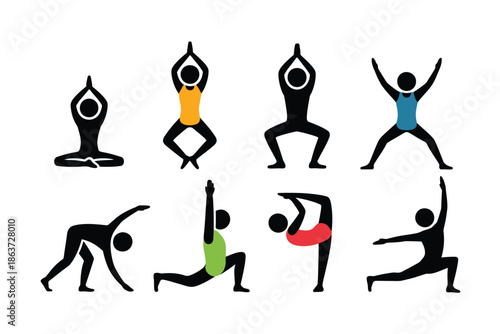 A group of people practicing various yoga poses in different colors on a white background