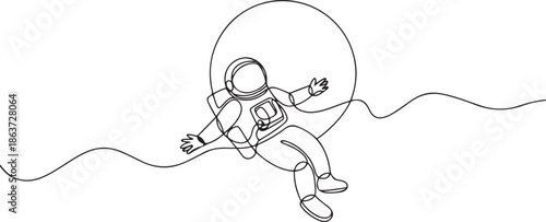 One single line drawing of space man astronaut exploring cosmic galaxy, flying in front of full moon vector illustration.one line vector illustration with out background