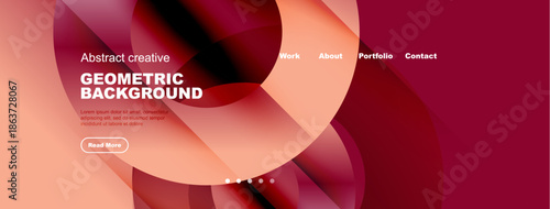 Abstract website header design. Geometric shapes, red tones, text overlay, navigation menu present. Simple, modern aesthetic.