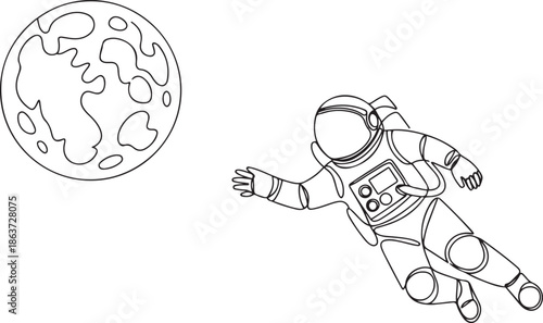 One single line drawing of space man astronaut exploring cosmic galaxy, flying in front of full moon vector illustration.one line vector illustration with out background