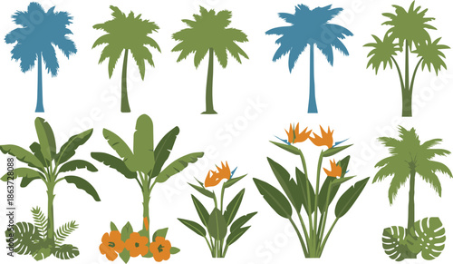 Collection of Tropical Palm Trees and Exotic Flowers Silhouettes on White Keywords: palm tree, tropical, silhouette